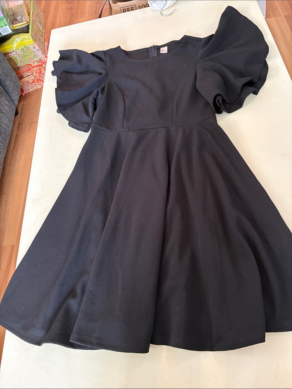 Elegant Black Puff-Sleeve Fit & Flare Dress
